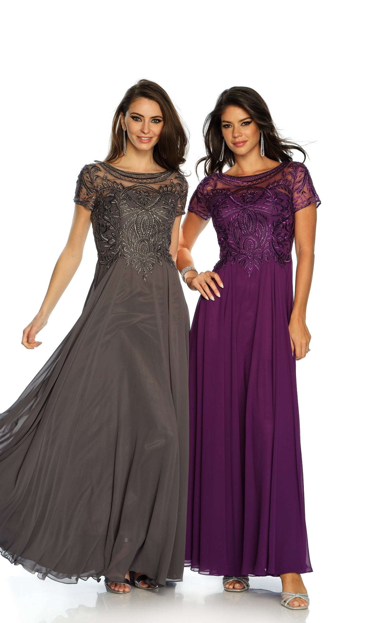 Two women wear Dave & Johnny A9071 short sleeve formal dresses with sheer, embroidered bodices—one in gray, one in purple.